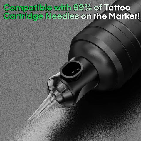 Close-up of tattoo pen tip from All-In-One Tattoo Pen Kit For Beginners With 2 Batteries, 20 Cartridge Needles, practice skins.