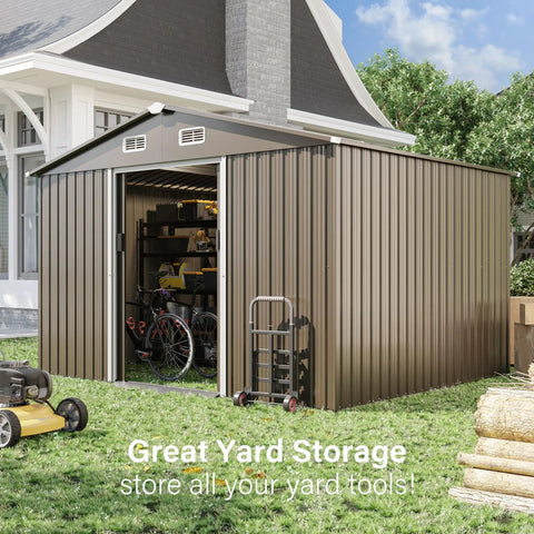 Outdoor Storage Shed 10 Foot By 8 Foot Waterproof Metal Tool Shed with sliding door open showing tools inside in backyard