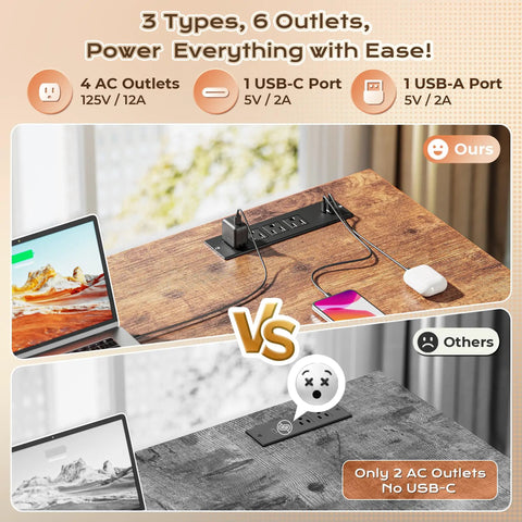 Comparison of power and USB ports on Dope 63 Inch L Shaped Desk With Built In Power Outlets And USB C Port in rustic brown.