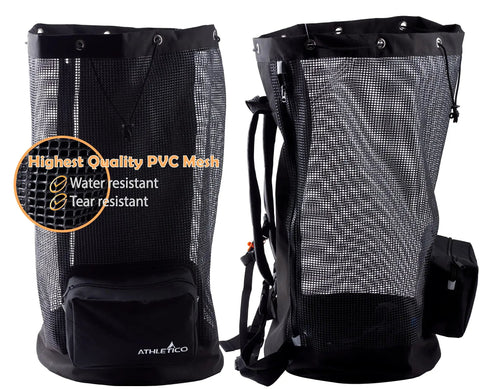 XL Mesh Travel Scuba Diving Bag For Snorkeling Gear And Equipment with PVC mesh, black, backpack style, front and back view