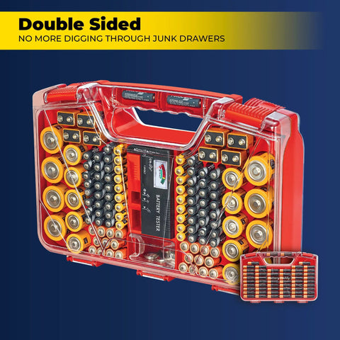 Front view of Battery Daddy Storage And Organizer Case with Built In Tester, holding numerous batteries in double-sided layout.