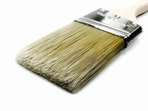 Excalibur Chinex Two Point Five Inch Pro Grade Paint Brush with hand formed chisels, showing bristles and stainless steel ferrule close-up.