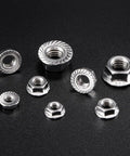 Three Eighths Inch Serrated Flange Hex Lock Nuts Hundred Pack In 304 Stainless Steel 18 8 With Full Thread And Bright Finish