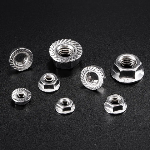 1/4-20 Serrated Flange Hex Lock Nuts 100 Pack 304 Stainless Steel Full Thread Bulletproof Fasteners displayed on a black background.