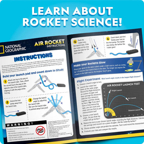 Instructional guide for Air Rocket Launcher Kit With Glow In The Dark Foam Rockets Up To 100 Feet Kid Powered Outdoor STEM Toy.