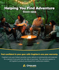 Group of friends enjoying campfire under lights in forest with "Helping You Find Adventure Since 1959" written above.