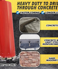 Five Inch Wet Core Drill Bits For Concrete And Hard Masonry With Fourteen Inch Drilling Depth One And A Quarter Inch Arbor Diamond Concentration For Heavy Duty Wet Rotary Drilling, shown with cutting examples in concrete and masonry.