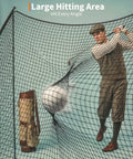 Golfer practicing with Heavy Duty Golf Practice Net 10x7 Feet With Sturdy Frame And Quick Setup Portable Hitting Net in backyard.