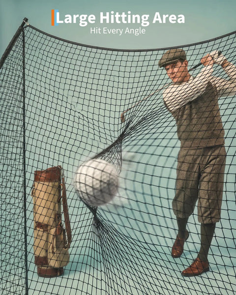 Golfer practicing with Heavy Duty Golf Practice Net 10x7 Feet With Sturdy Frame And Quick Setup Portable Hitting Net in backyard.