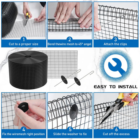 Installation steps for 6 Inch 50 Ft Solar Panel Bird Guard And Wire Mesh Critter Barrier with washers and clips.