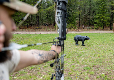 Archer aiming at 3D Black Bear Archery Target For Realistic Hunting Practice In The Backyard, Self-Healing Foam with Dura-Flex
