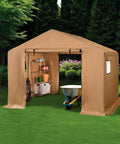 10x8ft Outdoor Storage Shed With Dual Roll Up Doors And Weather Resistant Metal Frame In Tan in backyard setup