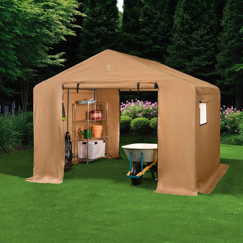 10x8ft Outdoor Storage Shed With Dual Roll Up Doors And Weather Resistant Metal Frame In Tan in backyard setup