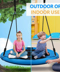 40 Inch Saucer Tree Swing With 600 Pound Capacity Includes 2 Straps And Carabiners Pillow Waterproof 900D Oxford Seat Steel Frame For Kids And Adults Backyard Blue hanging from tree and indoors with children playing