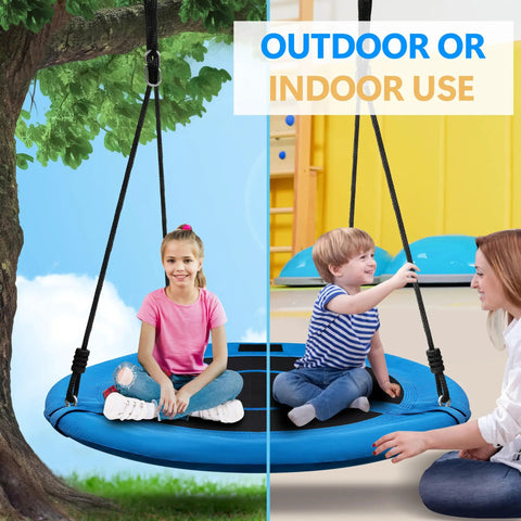 40 Inch Saucer Tree Swing With 600 Pound Capacity Includes 2 Straps And Carabiners Pillow Waterproof 900D Oxford Seat Steel Frame For Kids And Adults Backyard Blue hanging from tree and indoors with children playing