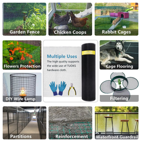 Hella Durable Black Pvc Coated Quarter Inch Hardware Cloth 48 X 100 Feet Chicken Wire Mesh used as garden fence and chicken coop protection.