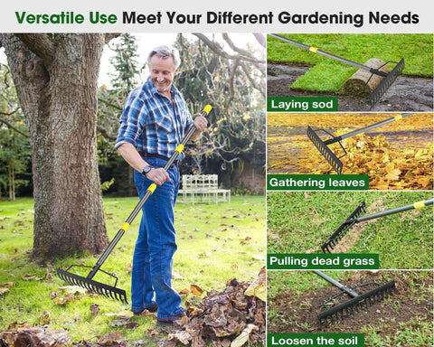 Heavy Duty Bow Rake With 17 Tines 17 Inch Wide Garden Rake Adjustable Length 35 To 67 Inches Manganese Steel Handle Pro Grade