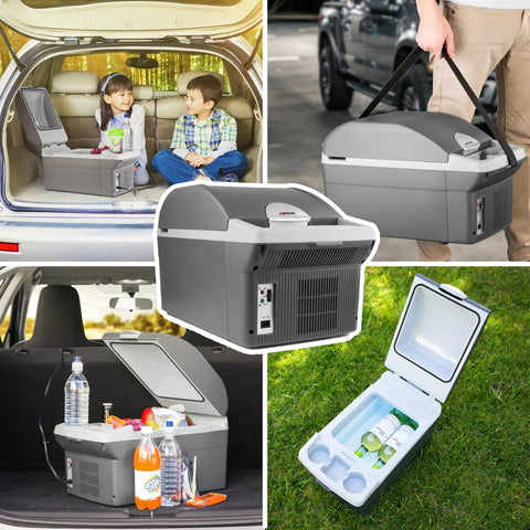 Portable 14 Liter Thermoelectric Cooler Warmer With 12 Volt Dc Power For Car Rv And Camping Use, shown in a car with children.
