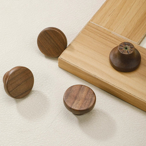 Modern Warm Walnut Wood Cabinet Knobs And Single Hole Drawer Pulls For Dressers Bedroom Furniture Upgrade Fresh Vibe Solid Natural Finish Essential Hardware - Round knobs on light surface.