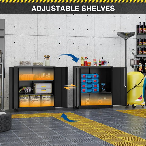 36 Inch Tall Metal Storage Cabinet with lockable doors open showing adjustable shelves filled with tools and gear