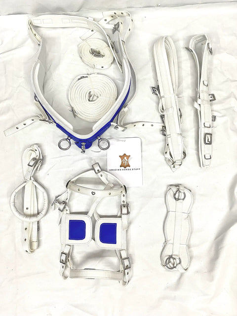 Nylon Horse Driving Harness For Single Horse Cart Pony, Blue And White, Chrome Plated Buckles, Fully Padded Comfort Fit