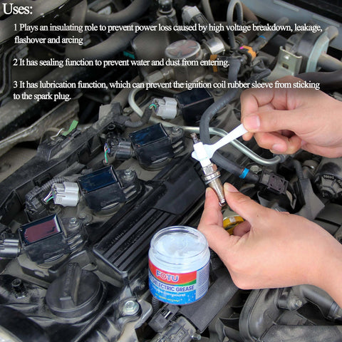 Applying dielectric grease to car spark plug with Dielectric Grease For Electrical Connectors And Battery Terminals, Spark Plugs, And O Ring Seals, Waterproof Silicone Lube For Automotive Use, 4 Oz One Pack, Heavy Duty Insulation And Moisture Protection tub visible in engine bay