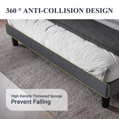 360° anti-collision design of Modern Queen Bed Frame with Sturdy Button Tufted Wingback Headboard in Cool Dark Grey Upholstered Platform