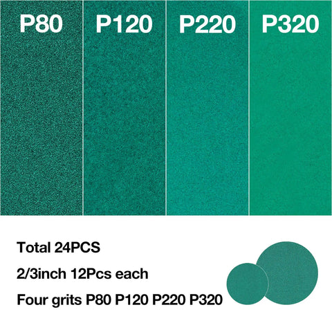 Grit options for Mini Orbital Air Sander Kit For Two Inch And Three Inch Sanding, grits P80, P120, P220, P320, 24 pieces