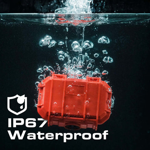Micro Waterproof Dry Box Case Yellow IP67 Lockable Hard Shell Container submerged in water with bubbles.