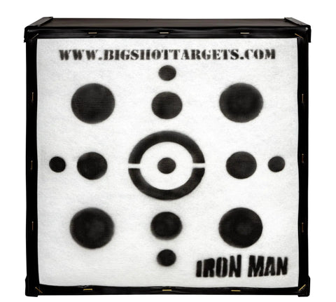 Iron Man 30 Inch Archery Target For Personal Range, 475 FPS Rated, showing durable fiber shell and target circles