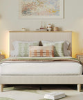 Ultimate Cozy Queen Size Bed Frame Crafted From Plush Beige Corduroy Upholstery with pillows and ambient LED lighting.