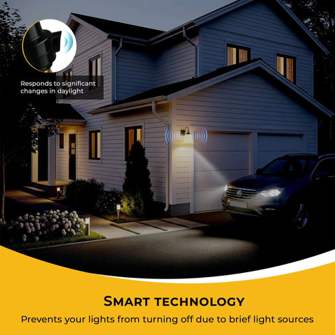 Auto On At Sunset Auto Off At Sunrise Dusk to Dawn Sensor for Indoor and Outdoor Lighting on house exterior at night.