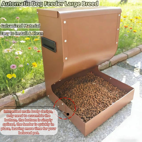 Heavy Duty Outdoor Dog Automatic Feeder 15 Pound Large Capacity All Weather Shell with galvanized material and dry kibble.
