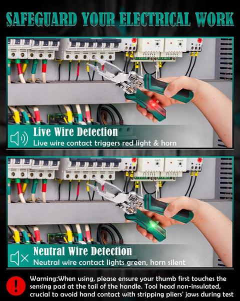 8 In 1 Wire Stripper Tool With Voltage Tester For 10-18 AWG shown detecting live and neutral wires in electrical panel.