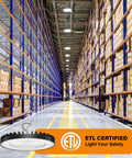4 Pack UFO LED High Bay Light 200W With 6000K Daylight, 30000 Lumens, IP65 in a bright warehouse, ETL certified