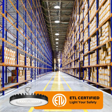4 Pack UFO LED High Bay Light 200W With 6000K Daylight, 30000 Lumens, IP65 in a bright warehouse, ETL certified