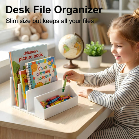 Two Pack 3 Slot Mail Organizer For Desk Space Saving with child using crayons in front tray