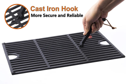 Hand using Cast Iron Grill Grid Lifter, 8 Inch Long Universal Barbecue Grate Lifter For Charcoal And Gas Grills on grate.