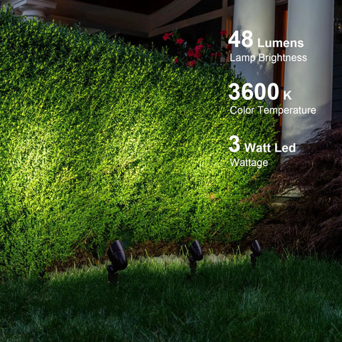Low Voltage Landscape Lighting Floodlight And Spotlight Kit 3W LED 3600K Warm White 8 Pack illuminating hedge at night