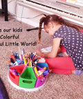 Lazy Susan Art Supply Caddy With Nine Handy Compartments Built For Student Desks And Classrooms with colorful markers and crayons.