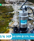 High Capacity Submersible Electric Trash Pump With Smart External Sensor And Two Inch Outlet For Pool Evacuation and Shallow Flood Extraction At 65 GPM With 3/4 HP Motor in a rocky water setting.