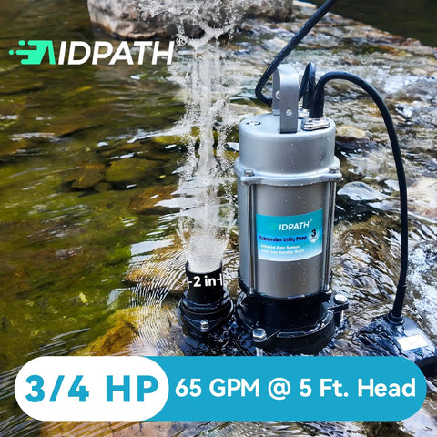 High Capacity Submersible Electric Trash Pump With Smart External Sensor And Two Inch Outlet For Pool Evacuation and Shallow Flood Extraction At 65 GPM With 3/4 HP Motor in a rocky water setting.
