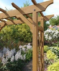 Cedar Wood Garden Arbor 55 By 88 Inches Golden Brown Arch With Lattice Trellis For Climbing Plants in a lush garden setting