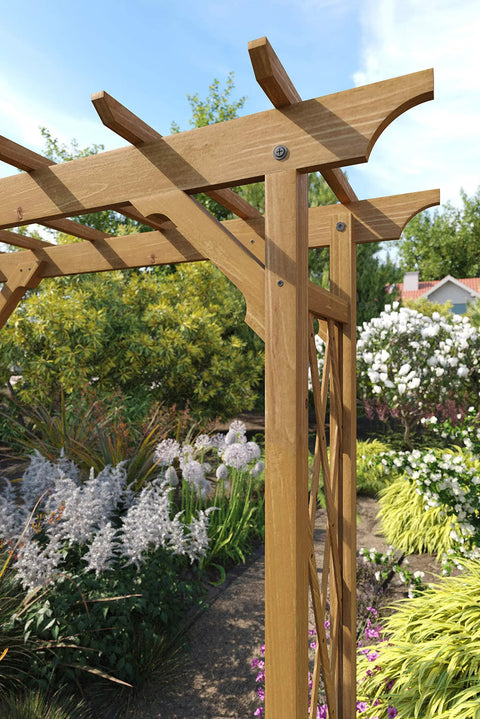Cedar Wood Garden Arbor 55 By 88 Inches Golden Brown Arch With Lattice Trellis For Climbing Plants in a lush garden setting