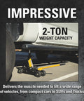 Heavy Duty 2 Ton Cat Wheelie Off-Road Trolley Jack lifting a vehicle on rocky terrain, showcasing 2-ton weight capacity.