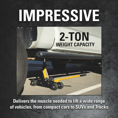 Heavy Duty 2 Ton Cat Wheelie Off-Road Trolley Jack lifting a vehicle on rocky terrain, showcasing 2-ton weight capacity.