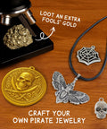 Pirate Treasure Dig Kit for Kids 6 and Up, Uncover 16 Plus Realistic Ancient Coin Replicas, Fool's Gold and Pirate Charms, STEM Archaeology Craft for Necklace Making, Coin Collecting Gift for Curious Explorers: pirate charms and necklace pieces on wood