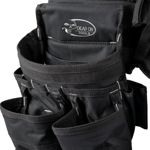 Close-up of black pockets on One Size Fits All Carpenter And Framer Construction Rig With Suspenders And Two Bag Tool Belt 24 Pockets