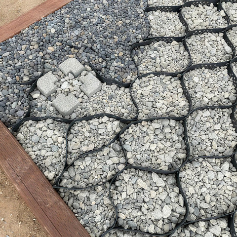 Gravel Grid HDPE Heavy Duty 4x33 Ft System With 2 Inch Depth And 1885 Lb Per Sq Ft Load Capacity grid filled with gravel.