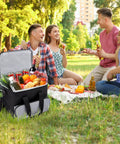 Portable Electric Cooler Bag Keeps Your Drinks Straight Up Frosty On Weekend Road Trips 15 Liter, filled with drinks and fruits at a picnic.